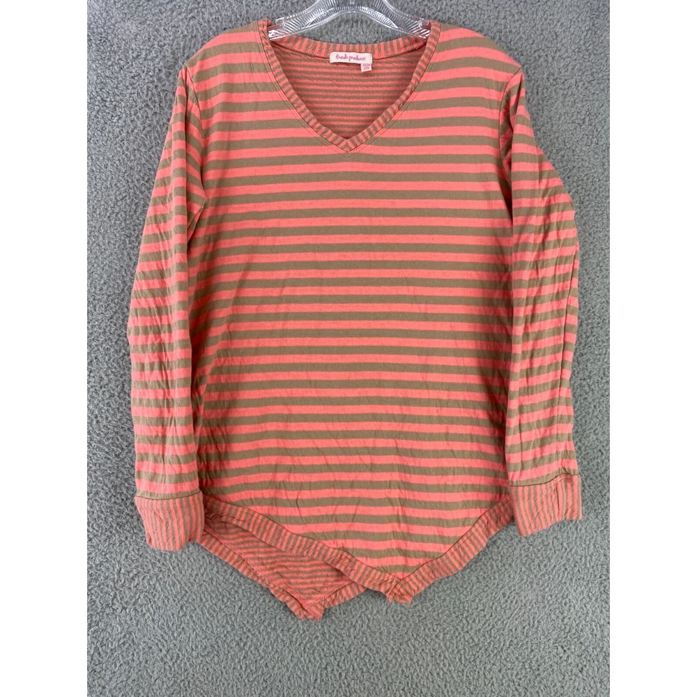 Fresh Produce Shirt Women's XS S Peach Green Stripe Asymmetrical Boho USA Made